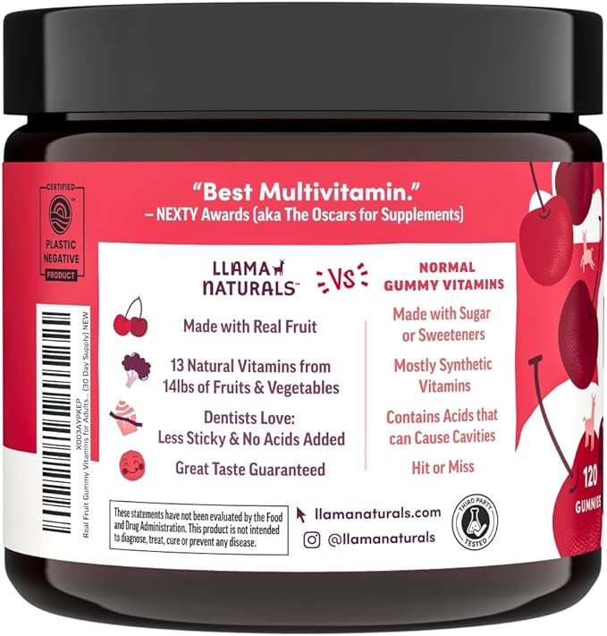 Llama Naturals Multivitamin for Women and Men, Vegan, Organic Gummies with Vitamin D, C and K, Adults Real Fruit Gummy Vitamins, Chewable Multivitamin Supplement, No Added Sugar Cane, Cherry, 120 Ct