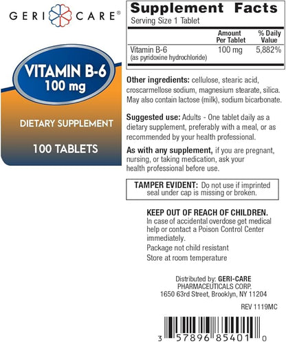 GeriCare Vitamin B-6 100mg, 100 Tablets – Daily Nutritional Support for Healthy Brain Function, Mood Enhancement, Circulatory Health & Metabolism – Helps Combat Fatigue & Promote Overall Wellness