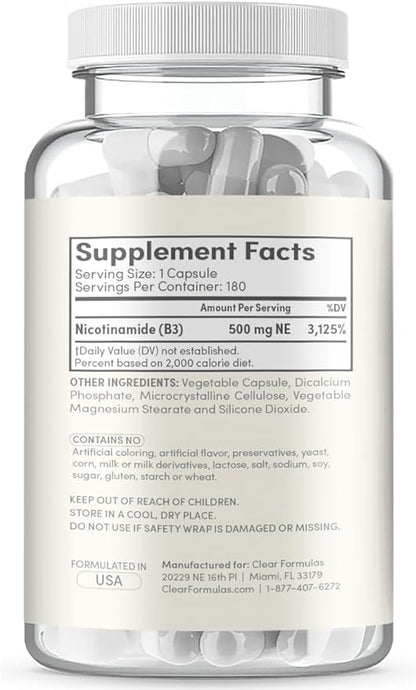 Vitamin B3 Nicotinamide 500mg - High Absorption Form of Vitamin B3 Niacin Flush Free for Hear Skin Brain and Energy Support - NAD Precursor - Made in a cGMP American Facility (180 Servings)