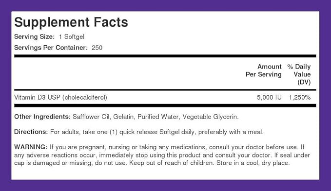 Piping Rock Vitamin D3 5000 IU | 250 Softgels | High Potency Supplement | Non-GMO, Gluten Free