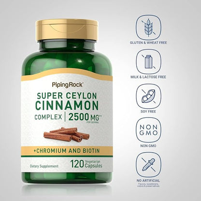 Piping Rock Ceylon Cinnamon Capsules 2500 mg | 120 Pills | Complex Supplement with Chromium and Biotin | Vegetarian, Non-GMO, Gluten Free