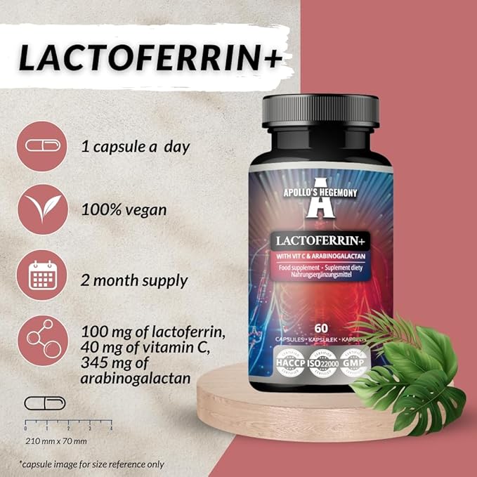 APOLLO'S HEGEMONY Lactoferrin+ 100 mg - with Vitamin C and Arabinogalactan - 60 Vegan Capsules - 2 Month Supply - for Enhanced Immunity and Iron Absorption