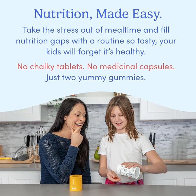 FIRST DAY Kids Essential Multivitamin Gummies, Vitamin A, D3, B6, B12, C, K2 & More + Organic Fruits & Veggies for Growth, Brain, Immunity. Natural Strawberry & Orange Flavor, Low Sugar. 90-Day Supply