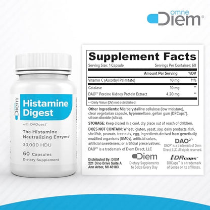 Omne Diem DAO 30,000 HDU - 60 Caps - Histamine Neutralizing Enzyme - Relieve Histamine Intolerance with Diamine Oxidase - The Original Tested DAO Enzyme Supplement