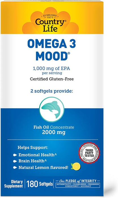 Country Life Omega 3 Fish Oil Supplement - High Concentration EPA and DHA Omega 3 Fatty Acids - 2000mg Fish Oil for Emotional Health, Mood Support, and No Fish Taste - Natural Lemon Flavor