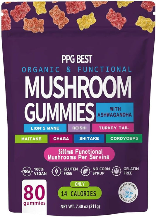 Organic & Functional Mushroom Gummies Supplement ASHWAGANDHA,REISHI,Turkey Tail MAITAKE, SHATAKE Chaga CORDYCEPS BOOSTS Cognitive,Performance Gluten Free,Vegan Low CARB,GUMMIES80