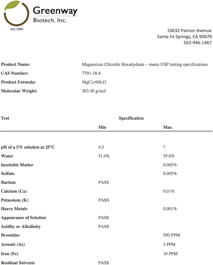Greenway Biotech Organic Magnesium Chloride USP Supplement 100% Edible Cloruro de Magnesio Comestible Powder (Pharmaceutical Grade) | Pure Ph. EUR., BP, USP | 1 Pound