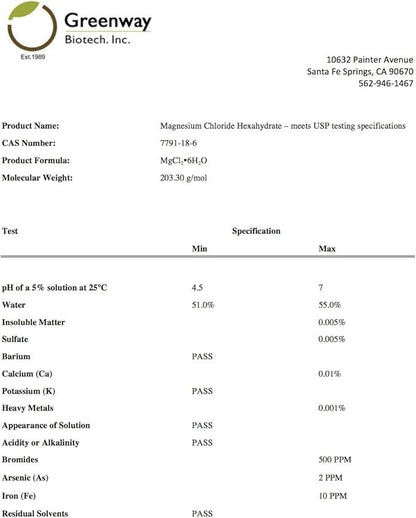 Greenway Biotech Organic Magnesium Chloride USP Supplement 100% Edible Cloruro de Magnesio Comestible Powder (Pharmaceutical Grade) | Pure Ph. EUR., BP, USP | 1 Pound