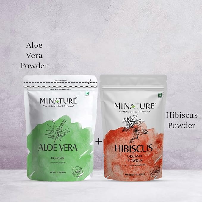 minature Hair Care Combo Set of Aloe Vera Powder & Hibiscus Powder | 227g Each | Pure & Natural | Free from Chemical & Preservatives