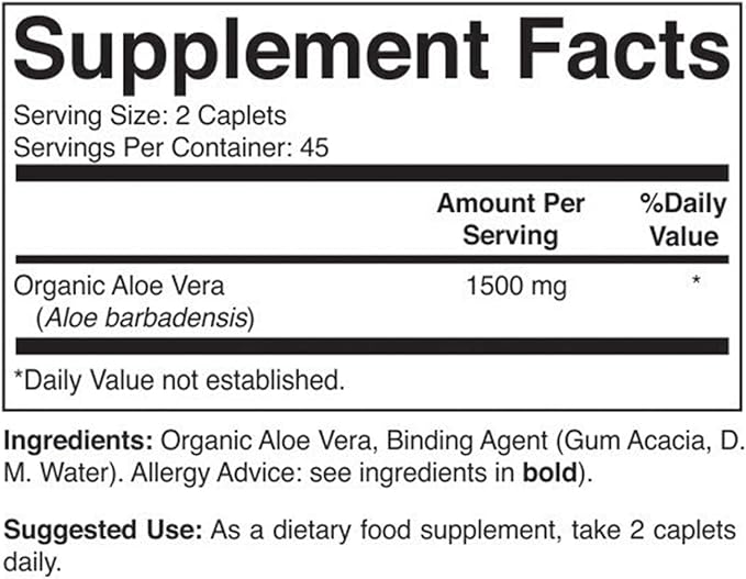Brieofood Organic Aloe Vera 1500mg, 45 Servings, Vegetarian, Gluten Free, 90 Vegetarian Tablets