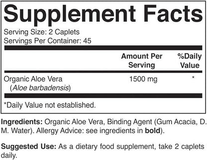 Brieofood Organic Aloe Vera 1500mg, 45 Servings, Vegetarian, Gluten Free, 90 Vegetarian Tablets
