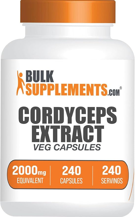 BulkSupplements.com Cordyceps Mushroom Capsules - Cordyceps Extract, from Cordyceps Sinensis - Gluten Free, 2000mg Equivalent Serving - 1 Capsule per Serving, 240 Veg Capsules (Pack of 1)