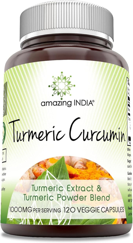 Amazing India Turmeric Curcumin 1000 Mg Per Serving | 120 Veggie Capsules Supplement | Blend of Turmeric Powder & Turmeric Extract | Non-GMO | Gluten Free | Made in USA