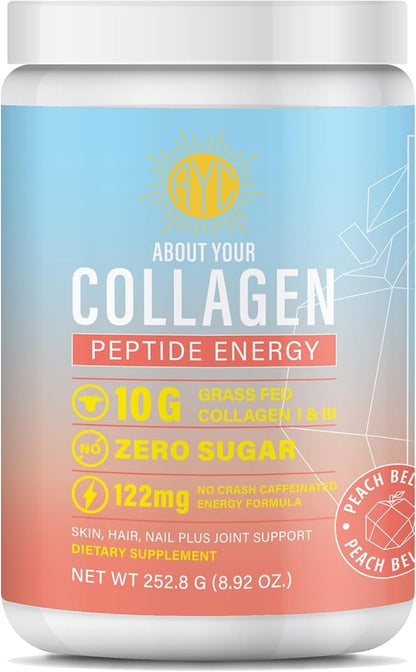 Peptide Energy Collagen Powder Hair, Nail, Skin, Type I & III,Caffeine for Energy, Vitamin C, Biotin, Hyaluronic Acid, Zero Sugar – 8.92 oz (Peach Bellini)