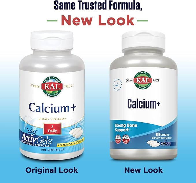 KAL Calcium+ ActivGels 1000mg | Calcium, Magnesium, Zinc and Vitamin D-3 | Formulated to Help Support Healthy Teeth & Bones | Soy Free | 100 Softgels