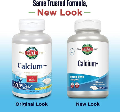 KAL Calcium+ ActivGels 1000mg | Calcium, Magnesium, Zinc and Vitamin D-3 | Formulated to Help Support Healthy Teeth & Bones | Soy Free | 100 Softgels