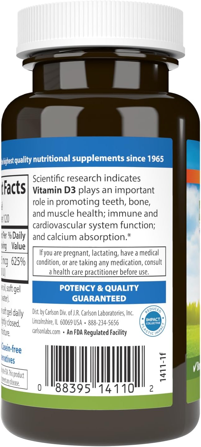 Carlson - Vitamin D3 5000 IU (125 mcg), Bone Health, Muscle Health, Cholecalciferol, Vitamin D Supplements, Vitamin D3 Soft Gels, 120 Softgels