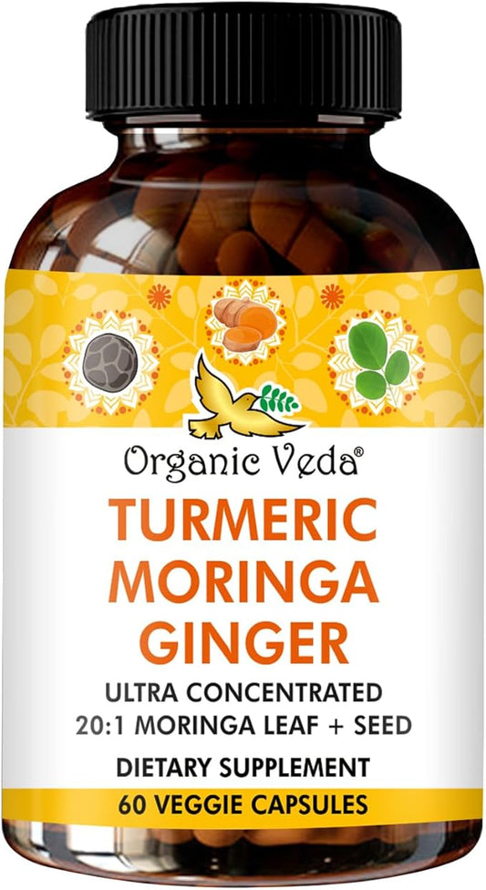 Organic Veda Turmeric Moringa Ginger Capsules - Super Antioxidants & Curcumin Supplement with 20:1 Moringa Leaf & Seed Extract, Black Pepper - Energy, Joints, Heart Health Support - 60 Vegan Pills