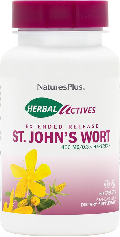 Natures Plus Herbal Actives St John's Wort, Extended Release - 450 mg, 60 Vegan Tablets - Vegetarian, Gluten-Free - 60 Servings