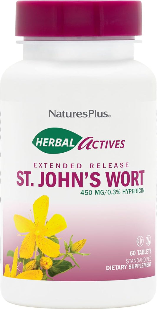 Natures Plus Herbal Actives St John's Wort, Extended Release - 450 mg, 60 Vegan Tablets - Vegetarian, Gluten-Free - 60 Servings