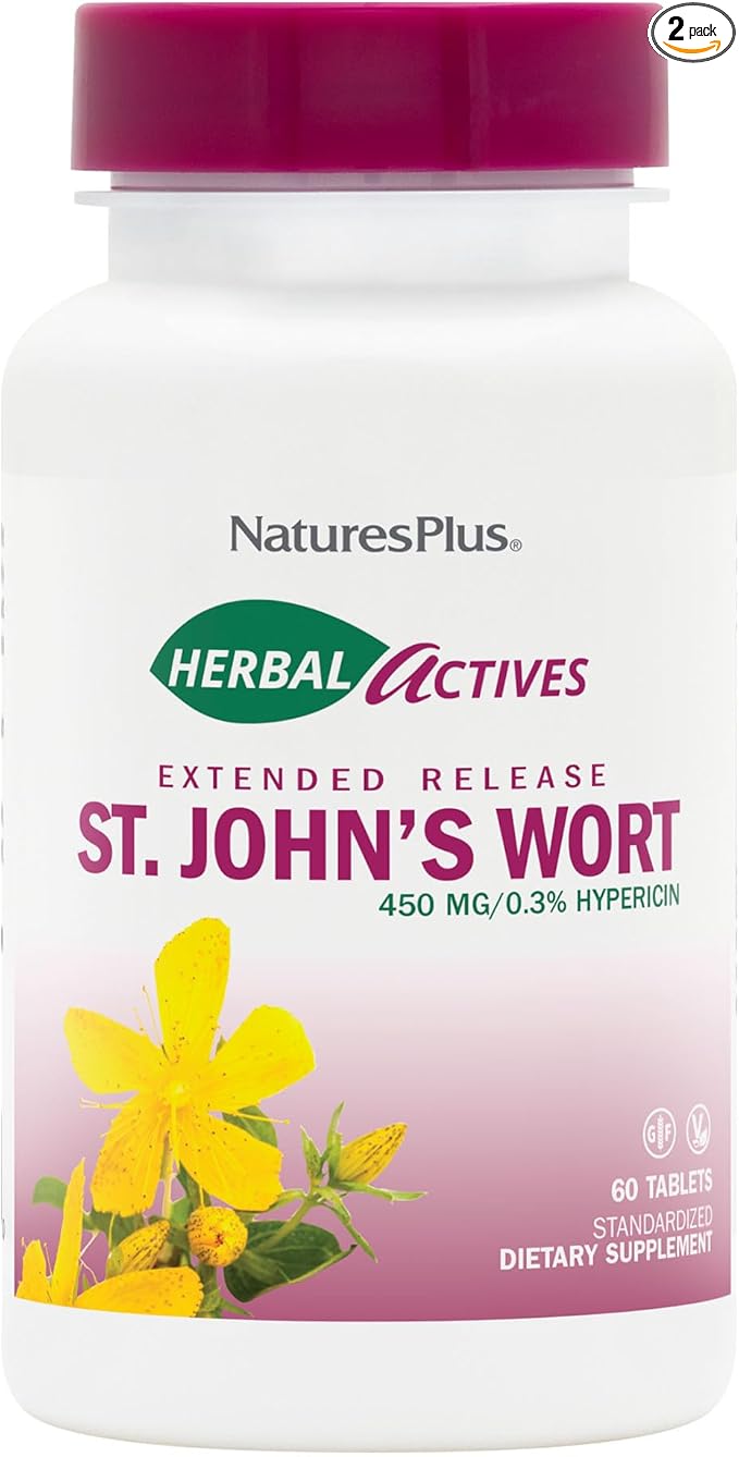 Natures Plus Herbal Actives St. John’s Wort Extended Release - 60 Tablets, Pack of 2 - Supports a Healthy Mood & Positive Outlook - Vegetarian, Gluten Free - 120 Total Servings