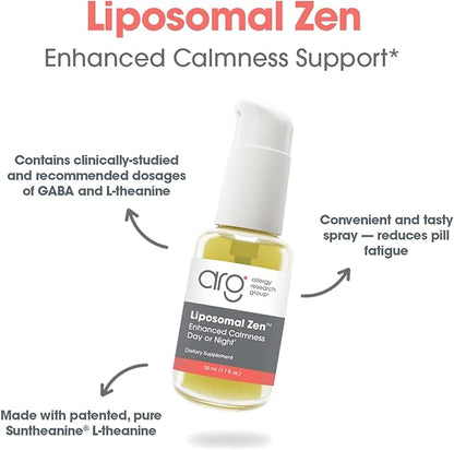 Allergy Research Group Liposomal Zen - L-Theanine Liquid Supplement, GABA Calming Support, Sleep Liposomal, Day or Night, Sunflower Phospholipids, Fast-Acting Zen Formula - 1.7 Fl Oz