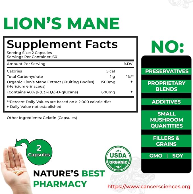 CANCER SCIENCES Lion’s Mane Wellness Mushroom Supplement Capsules, USDA Certified Organic Mushroom Extract, Extra Strength 1,500 mg, High Potency 40% Beta-Glucans, Focus & Memory Support, 120 Capsules