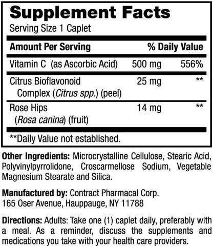 Earth's Splendor Immune Support Supplements, with Vitamin C & Rose HIPS, Support Antioxidant Health, Gluten Free, No Artificial Color, or Flavor, for Men & Women (500mg Vitamin C, 100 Tablets)