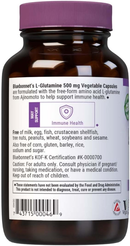 Bluebonnet Nutrition L-Glutamine 500mg, Supports Immune Function*, Nitrogen Transporter*, Soy-Free, Gluten-Free, Non-GMO, Kosher Certified, Vegan, 100 Vegetable Capsules, 100 Servings