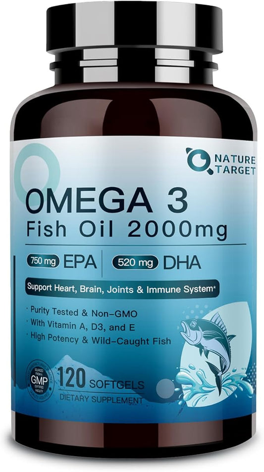 NATURE TARGET Omega 3 Fish Oil 2000mg Softgels with Vitamin D3 & E & A - EPA & DHA- Max-Absorption, Supports Heart, 120 Softgels