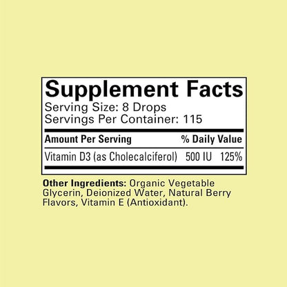 CHILDLIFE ESSENTIALS Vitamin D3 Drops for Kids, Children, & Toddlers - Liquid Vitamin D Drops, 500 IU per Drop, Immune & Bone Health Support, Natural Berry - 1 Fl Oz (Pack of 1)
