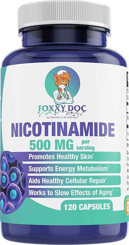 Nicotinamide 500 mg - Vitamin B3 – Energy; Cell & Skin Health. Value Priced - Flush-Free - 120 Veggie Caps by Foxxy Doc