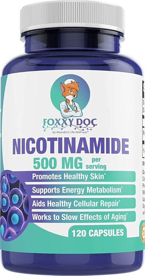 Nicotinamide 500 mg - Vitamin B3 – Energy; Cell & Skin Health. Value Priced - Flush-Free - 120 Veggie Caps by Foxxy Doc