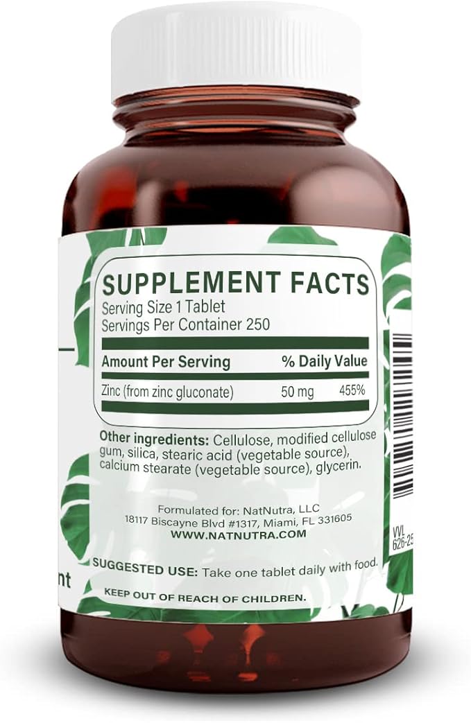 Natural Nutra Zinc Gluconate 50mg Supplement for Immune Support, Promotes Skin Health, Enhance Taste & Smell, Provides Ease from Cold & Flu, Boost Learning & Memory, Gluten Free 50mg 250 Vegan Tablets
