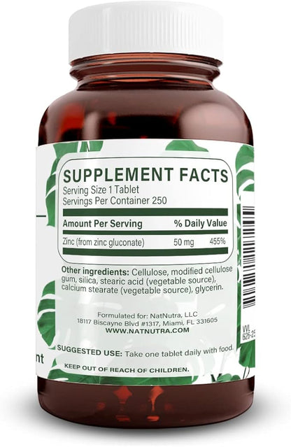 Natural Nutra Zinc Gluconate 50mg Supplement for Immune Support, Promotes Skin Health, Enhance Taste & Smell, Provides Ease from Cold & Flu, Boost Learning & Memory, Gluten Free 50mg 250 Vegan Tablets
