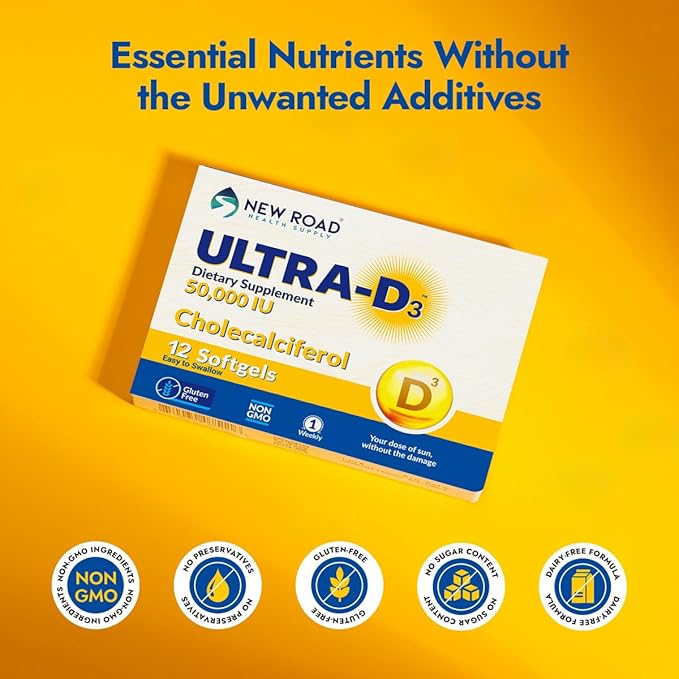 New Road Health Supply - Vitamin D 50000 IU, Once Weekly Dose, Easy to Swallow Vitamin D Softgel for Bones, Teeth, and Immune Support, Gluten Free,12 Count
