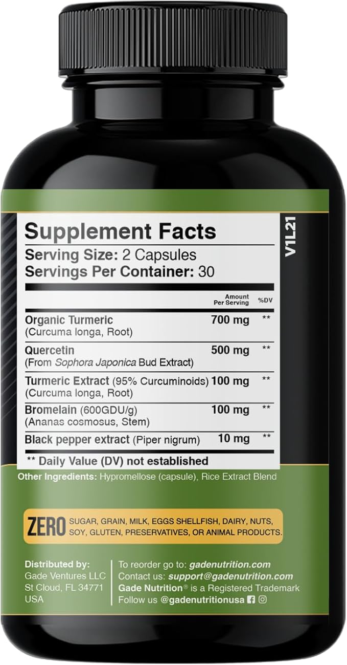 Gade Nutrition Turmeric Quercetin with Bromelain Supplement | Turmeric Supplement with Quercetin 500mg Capsules for Immune Support, Allergy Relief, Joint Support, Made in USA