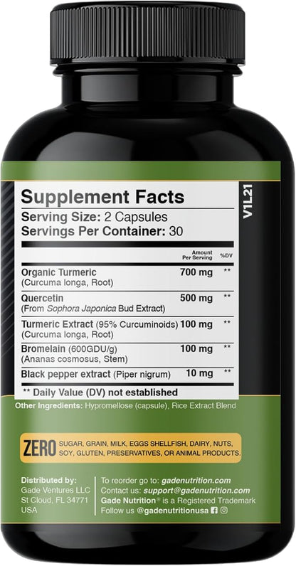 Gade Nutrition Turmeric Quercetin with Bromelain Supplement | Turmeric Supplement with Quercetin 500mg Capsules for Immune Support, Allergy Relief, Joint Support, Made in USA
