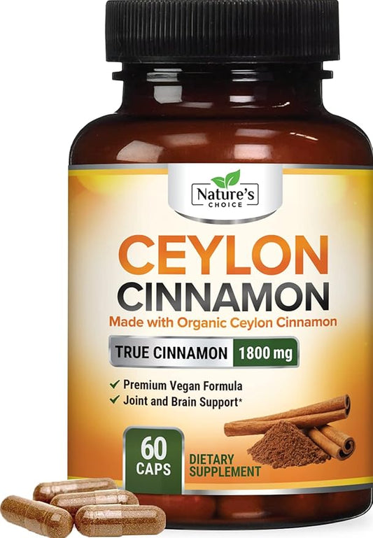 Organic Ceylon Cinnamon Capsules 1800mg - Pure Ceylon Cinnamon Supplements, 1800 mg Certified Organic Powder, Bottled in USA, Non-GMO Gluten Free Sugar Free, Antioxidant Pills Supplement, 60 Capsules