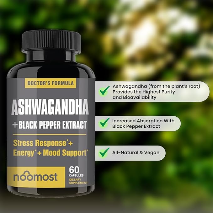 Organic Ashwagandha Capsules w/Black Pepper Extract as Vegan Ashwagandha Supplements for Anti Stress Relief, Natural Mood Support, Energy & Focus-60 Capsules