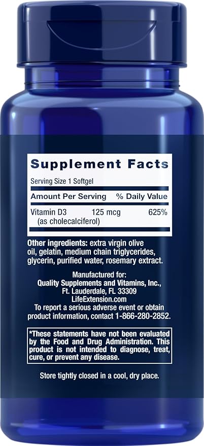 Life Extension Vitamin D3 5000 IU, 120 Softgels, 125mcg