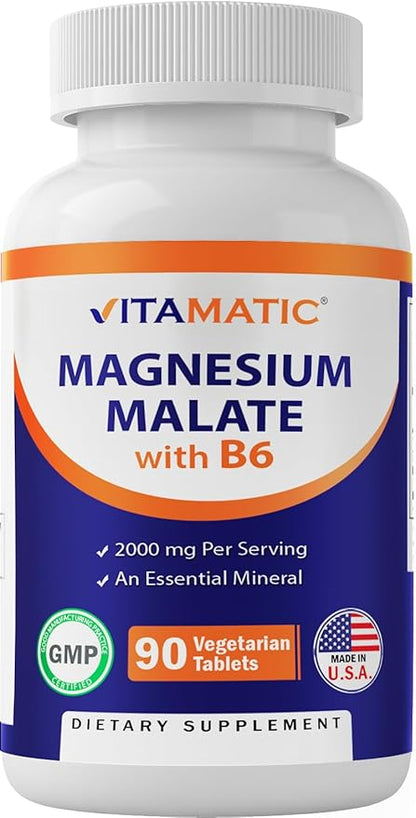 Vitamatic Magnesium Malate 2000mg per Serving - 90 Vegetarian Tablets - Added B6 for Maximum Absorption - Supports Muscle, Joint, and Heart Health* (2 Bottles, Unflavored)