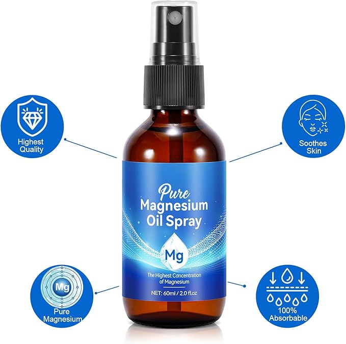 Pure Magnesium Oil Spray, 100% Pure & Natural Magnesium Oil, Organic Topical Magnesium Spray Glass Bottle,Magnesium Oil for Feet,Magnesium Spray Oil, 2 fl oz
