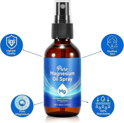 Pure Magnesium Oil Spray, Organic Topical Magnesium Spray Glass Bottle, Easy to Absortion, Easy to Use, 2 fl oz