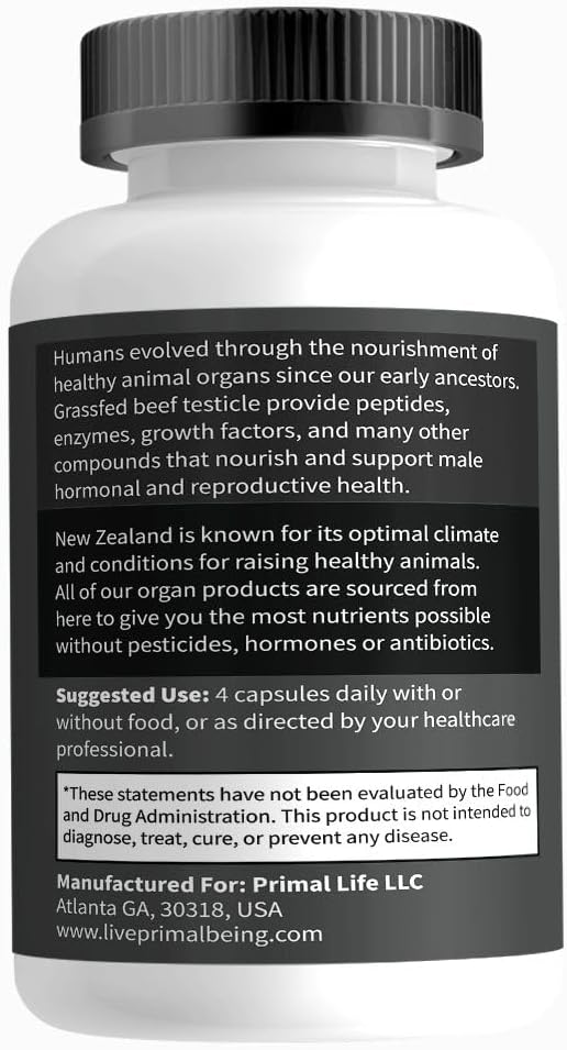 Primal Being Grassfed Beef Testes Capsules – Nutrient-Dense Beef Organ Supplement for Men, New Zealand Sourced, 120 Capsules
