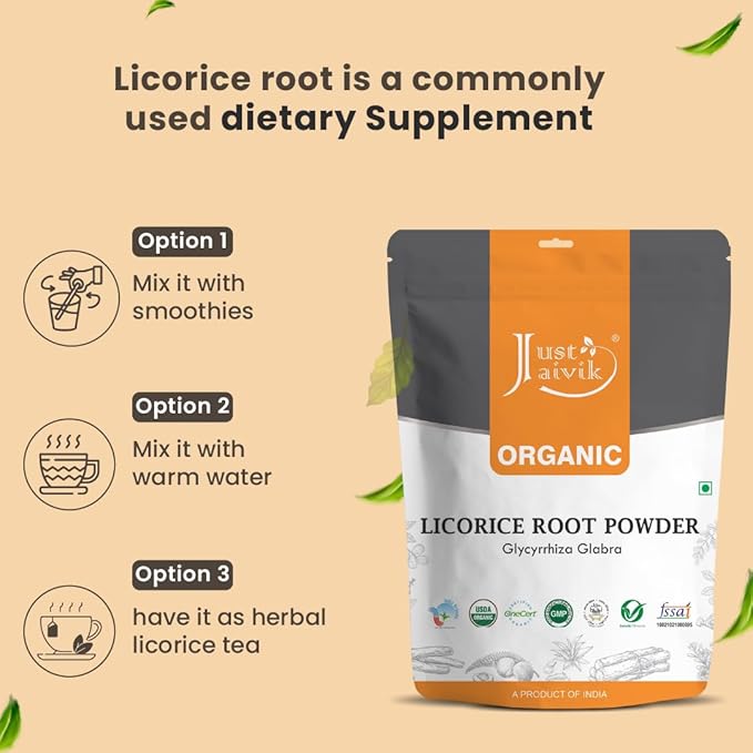 Just Jaivik 100% Organic Licorice Root Powder - 227 gm / 0.5 lb Mulethi | Glycyrrhiza Glabra/Yastimadu | May Enhance Gut, Respiratory & Digestive Wellness | USDA Organic Certified Herb