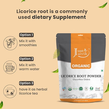 Just Jaivik 100% Organic Licorice Root Powder - 227 gm / 0.5 lb Mulethi | Glycyrrhiza Glabra/Yastimadu | May Enhance Gut, Respiratory & Digestive Wellness | USDA Organic Certified Herb
