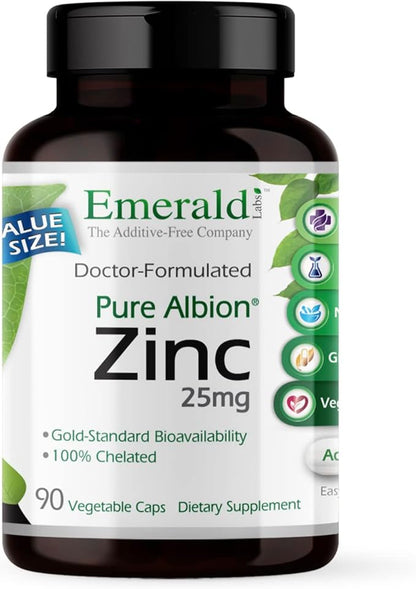 Emerald Labs Zinc 25mg - Immune Support, Digestive Health, Oxidative Stress Support - Made with Zinc Bisglycinate - Vegan & Gluten-Free - 90 Vegetable Capsules