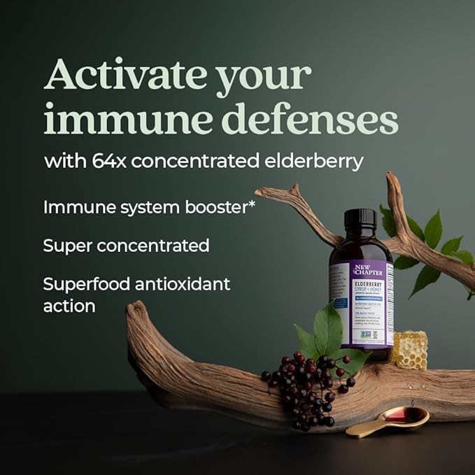 New Chapter Elderberry Syrup, 24 Servings, Immune Defense for Adults & Kids (2+), 64x Concentrated Black Elderberry + Throat-Soothing Grade A Honey, Non-GMO Project Verified, Gluten Free