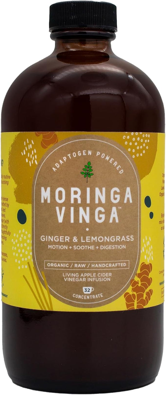 VINGA Organic Ginger & Lemongrass Moringa Infusion – Daily Herbal Tonic with Apple Cider Vinegar, Honey | Supports Motion, Digestion & Relaxation | Non-GMO, 16 oz